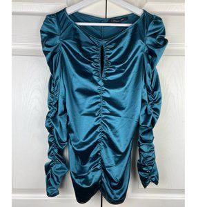 Marc New York Women's Ruched Satin Blouse Corsair Teal Medium NWT